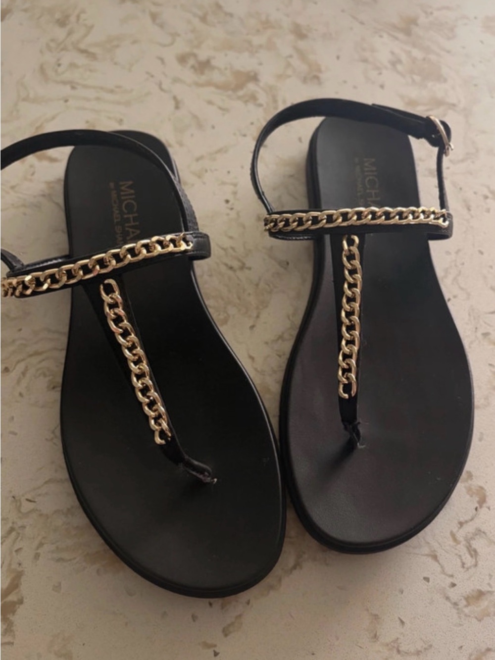 Michael Shannon Black Leather T-Strap Sandals with Gold Chain Detail